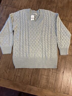 Light Blue Cable Knit V-Neck Sweater. Nwt.